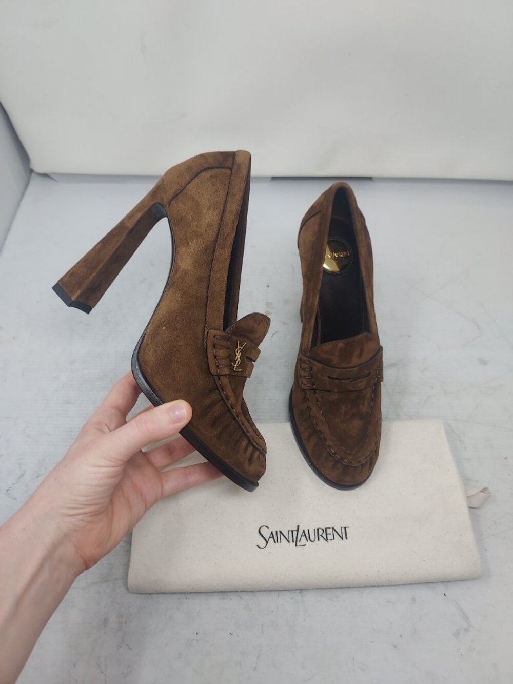 SAINT LAURENT YSL Brown Le Loafer Logo Suede Pump